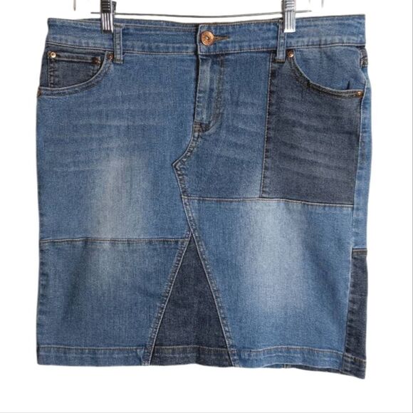 INC Stretch Denim Jean Patchwork Short Skirt Womens 10 - Picture 2 of 5